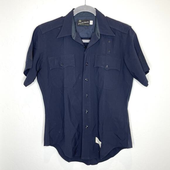 Vintage Louis The Tailor Shorts Sleeve Zip Up Button Shirt Mens 16 1/2 34 Navy - Picture 1 of 7